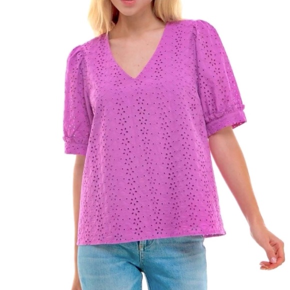 DRAPER JAMES V-neck Eyelet Puff Sleeve Blouse - Picture 1 of 10